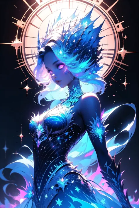 <lora:wrenchsfantasy-000016:1>, wrenchsfantasy, fantasy, glowing eyes, <lora:wrenchfaeflare:1>, wrenchfaeflare, glowing, 1girl, blue theme, embroidery, accessories, pinstripe pattern, simple background, white background,