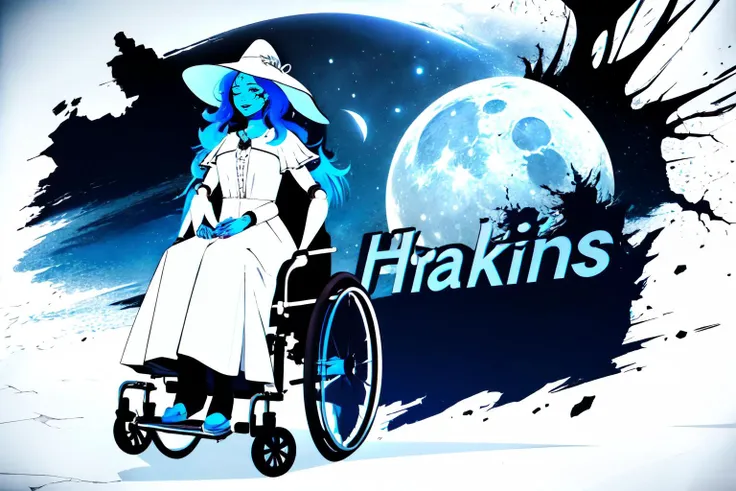 Highly detailed, High Quality, Masterpiece, beautiful, (SSBUSplashArt), <lora:SSBUSplashArt:1.0>, (Ranni), long hair, smile, hat, dress, holding, closed mouth, one eye closed, wide sleeves, white dress, witch hat, white headwear, wavy hair, moon, own hands together, cloak, witch, joints, doll joints, fur cloak, (cracked skin, blue skin, colored skin, 4 arms, extra arms:1.3), <lora:Char_EldenRing_Ranni:0.8>, wheelchair, <lora:Pos_Wheelchair:0.4>