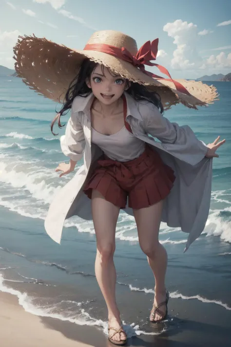 1boy,Luffy from One piece wearing straw hat with red ribbon, facing the viewer, infront of sea, hyper realistic,smile,laughing, full body, 8k, hdr, natural lighting, unreal engine,
(detailed face and eyes:1.3),1girl,Ultra-detail,(highres:1.1),best quality,(masterpiece:1.3),cinematic lighting,