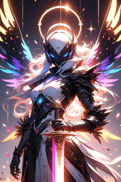 <lora:wrenchsmechs:1>, wrenchsmechs, 1girl, glowing, black mecha, wings, halo, long hair, mechanical wings, <lora:wrenchsfantasy:1>, wrenchsfantasy, fantasy, glowing, glowing eyes, holding sword, sword,