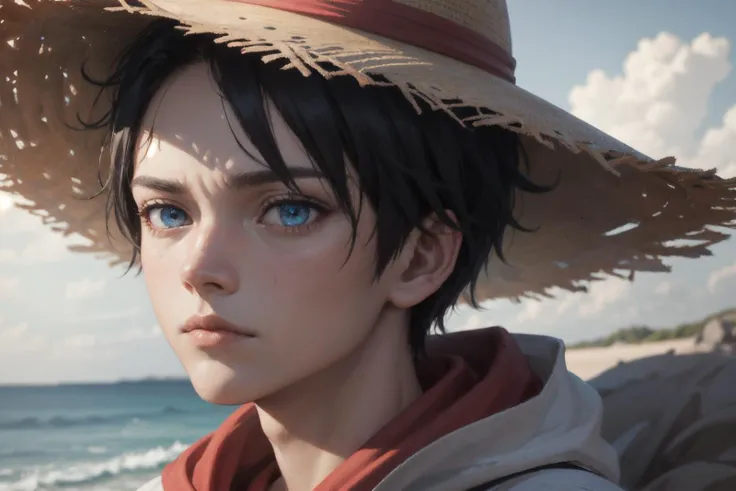 1boy,Luffy from One piece wearing straw hat with red ribbon, facing the viewer, infront of sea, hyper realistic, 8k, hdr, natural lighting, unreal engine,
(detailed face and eyes:1.3),1girl,Ultra-detail,(highres:1.1),best quality,(masterpiece:1.3),cinematic lighting,