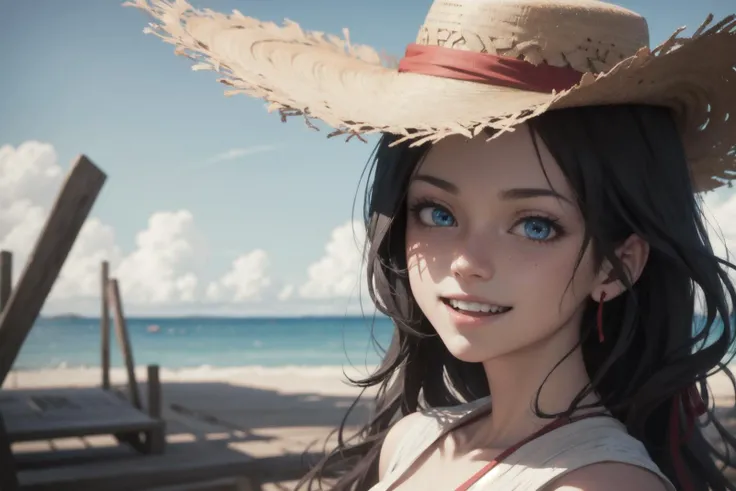(1boy:0.5),Luffy from One piece wearing straw hat with red ribbon,facing the viewer,infront of sea,hyper realistic,smile,laughing,full body,8k,hdr,natural lighting,unreal engine,
(detailed face and eyes:1.3),1girl,Ultra-detail,(highres:1.1),best quality,(masterpiece:1.3),cinematic lighting,