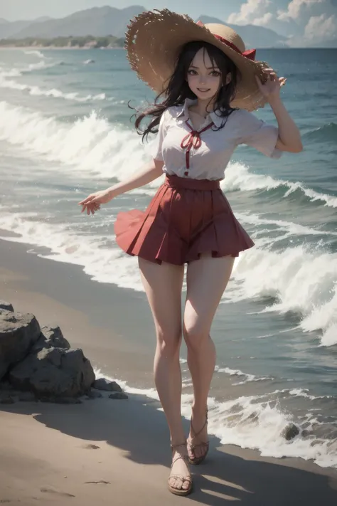 Luffy from One piece wearing straw hat with red ribbon,facing the viewer,infront of sea,hyper realistic,smile,laughing,full body,8k,hdr,natural lighting,unreal engine,
(detailed face and eyes:1.3),1girl,Ultra-detail,(highres:1.1),best quality,(masterpiece:1.3),cinematic lighting,