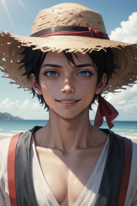 1boy,Luffy from One piece wearing straw hat with red ribbon, facing the viewer, infront of sea, hyper realistic,smile, 8k, hdr, natural lighting, unreal engine,
(detailed face and eyes:1.3),1girl,Ultra-detail,(highres:1.1),best quality,(masterpiece:1.3),cinematic lighting,