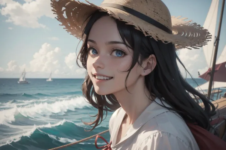 The Going Merry ship sailing in the background, (1boy:0.5),Luffy from One piece wearing straw hat with red ribbon,facing the viewer,infront of sea,hyper realistic,smile,laughing,full body,8k,hdr,natural lighting,unreal engine,
(detailed face and eyes:1.3),1girl,Ultra-detail,(highres:1.1),best quality,(masterpiece:1.3),cinematic lighting,