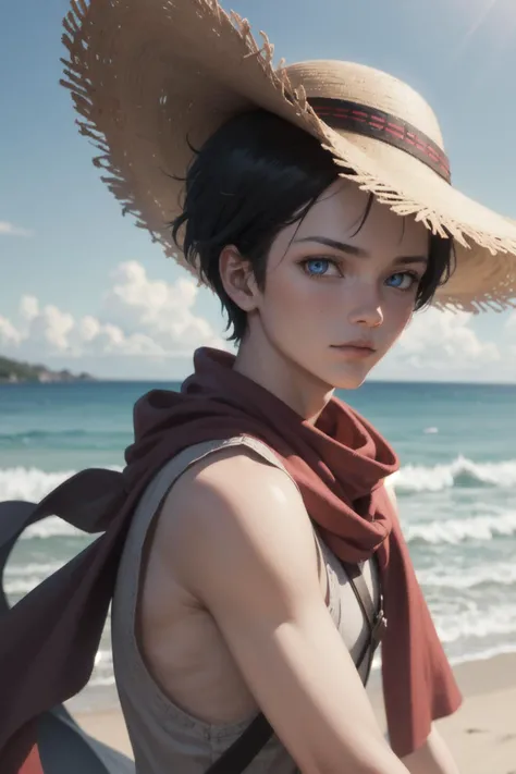 1boy,Luffy from One piece wearing straw hat with red ribbon, facing the viewer, infront of sea, hyper realistic, 8k, hdr, natural lighting, unreal engine,
(detailed face and eyes:1.3),1girl,Ultra-detail,(highres:1.1),best quality,(masterpiece:1.3),cinematic lighting,