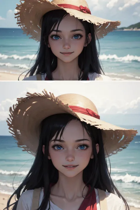 1boy,Luffy from One piece wearing straw hat with red ribbon, facing the viewer, infront of sea, hyper realistic,smile,laughing, full body, 8k, hdr, natural lighting, unreal engine,
(detailed face and eyes:1.3),1girl,Ultra-detail,(highres:1.1),best quality,(masterpiece:1.3),cinematic lighting,