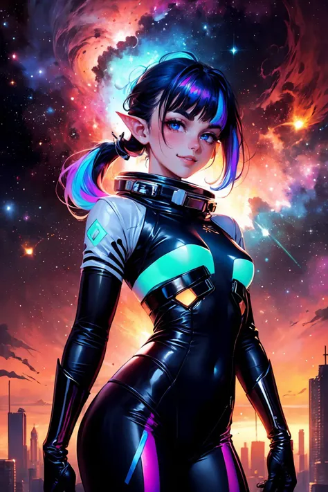 (synthwave space vintage:1.2), (science fiction:1.1), (retro space colony:1.3), (masterpiece, best quality), volumetric lighting, best shadows, (1girl), 20yo, (solo:1.1), BREAK, (low ponytail:1.2), (short hair), (multicolored hair:1.2), (blunt bangs, sidelocks), (small breasts:1.2), (smug smile:1.2), (blush), (alluring eyes), (thick eyebrows), (pointy ears:1.1), BREAK, (retro spacesuit:1.4), (iridescent clothes:1.4), (distant horizon:1.2), (cityscape:1.3), (giant nebula:1.4), (supernova:1.1), (planets:1.1), night sky, (starry sky), <lora:wrenchsfantasy:0.5>, <lora:Mild detail adjusterV10_4:0.8>