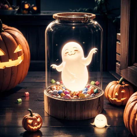 little cute ghost, bucket full of candies, halloween, cute, adorable, smiling, night time, <lora:add_detail:1>, masterpiece, soft light, beautiful and aesthetic, best quality,