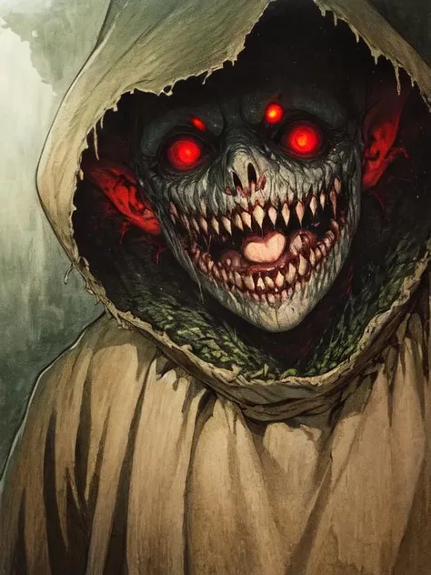 scenery, outdoors, shadow, , traditional media, , glowing, dark atmosphere, scary, horror, teeth, traditional media, solo, 1boy, horror (theme), monster, grin, male focus, smile, red eyes