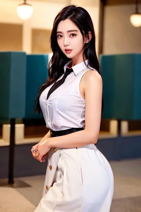 There is a lady in a white shirt and black tie, Smooth anime CG art, April Rendering, seductive Tifa lockhart portrait, Realistic anime girl rendering, Surrealism的女学生, Surrealism , Portrait of a Korean female idol, Tifa, Inspired by Sim Sa-jeong, [ 4k digital art ]!!, Full body fairy