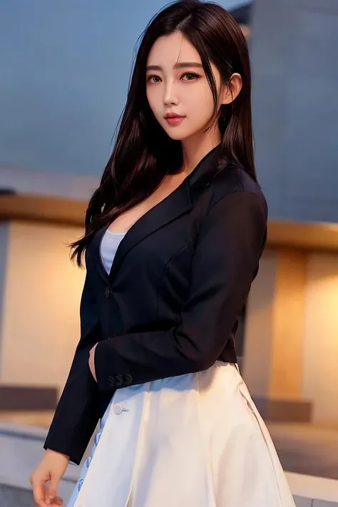 ulzzang-6500-v1.1, (RAW photo: 1.2), (Real photo), (Real photo: 1.4), 1 girl、Perfect ???????、20 years old、Looking at the camera、Medium length hair、uniform dress, skirt, in a surreal royal garden, under the starry night, ((starry night: 1.1))、(Surreal tights: 1.2), (Business service)、Asian eyes Ella,