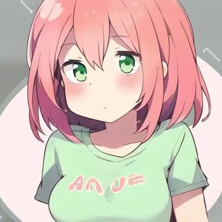 Hasso, 1girl, pink hair, green eyes, medium breasts, blush, mouth opened, t-shirt, full body,