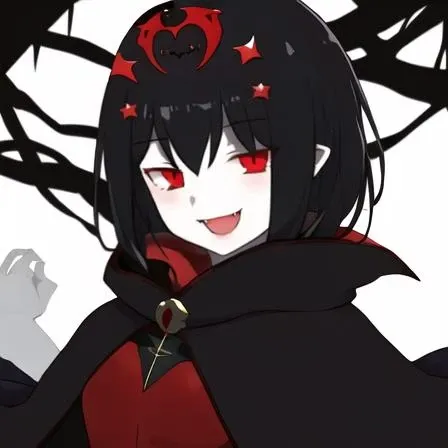 Hasso, 1girl, cloak, black hair, fangs, pale skin, red eyes, vampire, smiling, in forest,