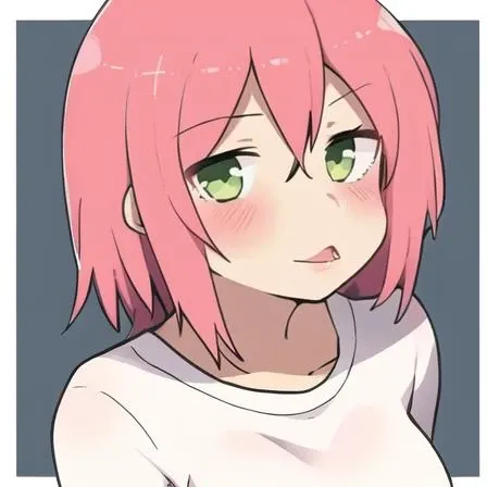 Hasso, 1girl, pink hair, green eyes, medium breasts, blush, mouth opened, t-shirt, full body,