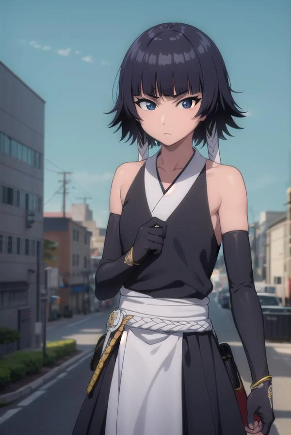 soifon, <lora:soifon-lora-nochekaiser:1>,
soifon, short hair, bangs, black hair, short hair with long locks, (black eyes:1.6), (small breasts:1.2),
BREAK gloves, bare shoulders, japanese clothes, elbow gloves, hakama, black hakama,
BREAK outdoors,
BREAK looking at viewer, (cowboy shot:1.5),
BREAK <lyco:GoodHands-beta2:1>, (masterpiece:1.2), best quality, high resolution, unity 8k wallpaper, (illustration:0.8), (beautiful detailed eyes:1.6), extremely detailed face, perfect lighting, extremely detailed CG, (perfect hands, perfect anatomy),