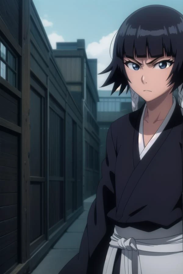 soifon, <lora:soifon-lora-nochekaiser:1>,
soifon, short hair, bangs, black hair, short hair with long locks, (black eyes:1.6), (small breasts:1.2),
BREAK gloves, japanese clothes, elbow gloves, hakama, black hakama, (haori:1.5), black kimono, long sleeves, wide sleeves, black sleeves,
BREAK outdoors,
BREAK looking at viewer, (cowboy shot:1.5),
BREAK <lyco:GoodHands-beta2:1>, (masterpiece:1.2), best quality, high resolution, unity 8k wallpaper, (illustration:0.8), (beautiful detailed eyes:1.6), extremely detailed face, perfect lighting, extremely detailed CG, (perfect hands, perfect anatomy),