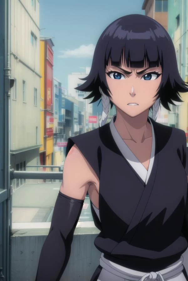 soifon, <lora:soifon-lora-nochekaiser:1>,
soifon, short hair, bangs, black hair, short hair with long locks, (black eyes:1.6), (small breasts:1.2),
BREAK gloves, japanese clothes, elbow gloves, hakama, black hakama, (haori:1.5), black kimono, long sleeves, wide sleeves, black sleeves,
BREAK outdoors,
BREAK looking at viewer, (cowboy shot:1.5),
BREAK <lyco:GoodHands-beta2:1>, (masterpiece:1.2), best quality, high resolution, unity 8k wallpaper, (illustration:0.8), (beautiful detailed eyes:1.6), extremely detailed face, perfect lighting, extremely detailed CG, (perfect hands, perfect anatomy),