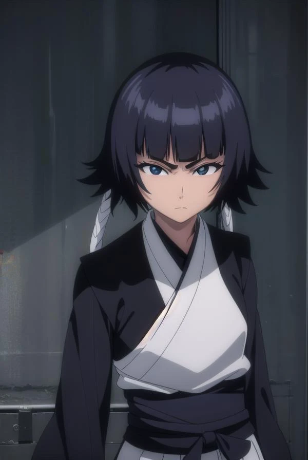 soifon, <lora:soifon-lora-nochekaiser:1>,
soifon, short hair, bangs, black hair, short hair with long locks, (black eyes:1.6), (small breasts:1.2),
BREAK gloves, japanese clothes, elbow gloves, hakama, black hakama, (haori:1.5), black kimono, long sleeves, wide sleeves, black sleeves,
BREAK outdoors,
BREAK looking at viewer, (cowboy shot:1.5),
BREAK <lyco:GoodHands-beta2:1>, (masterpiece:1.2), best quality, high resolution, unity 8k wallpaper, (illustration:0.8), (beautiful detailed eyes:1.6), extremely detailed face, perfect lighting, extremely detailed CG, (perfect hands, perfect anatomy),