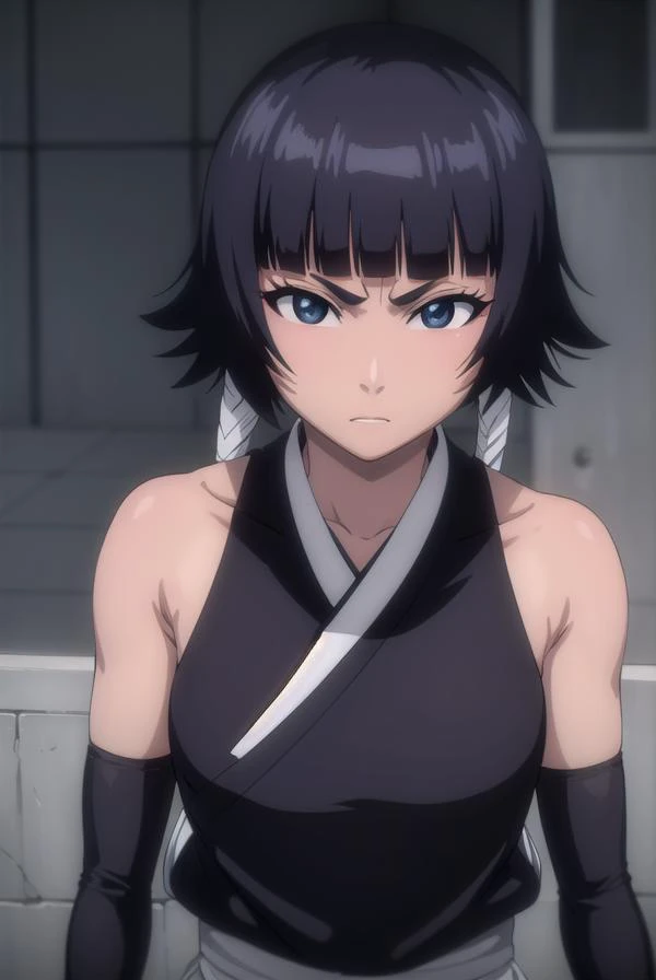 soifon, <lora:soifon-lora-nochekaiser:1>,
soifon, short hair, bangs, black hair, short hair with long locks, (black eyes:1.6), (small breasts:1.2),
BREAK gloves, japanese clothes, elbow gloves, hakama, black hakama, (haori:1.5), black kimono, long sleeves, wide sleeves, black sleeves,
BREAK outdoors,
BREAK looking at viewer, (cowboy shot:1.5),
BREAK <lyco:GoodHands-beta2:1>, (masterpiece:1.2), best quality, high resolution, unity 8k wallpaper, (illustration:0.8), (beautiful detailed eyes:1.6), extremely detailed face, perfect lighting, extremely detailed CG, (perfect hands, perfect anatomy),