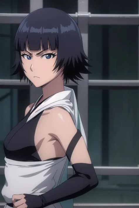 soifon, <lora:soifon-lora-nochekaiser:1>,
soifon, short hair, bangs, black hair, short hair with long locks, (black eyes:1.6), (small breasts:1.2),
BREAK gloves, japanese clothes, elbow gloves, hakama, black hakama, (haori:1.5), black kimono, long sleeves, wide sleeves, black sleeves,
BREAK outdoors,
BREAK looking at viewer, (cowboy shot:1.5),
BREAK <lyco:GoodHands-beta2:1>, (masterpiece:1.2), best quality, high resolution, unity 8k wallpaper, (illustration:0.8), (beautiful detailed eyes:1.6), extremely detailed face, perfect lighting, extremely detailed CG, (perfect hands, perfect anatomy),