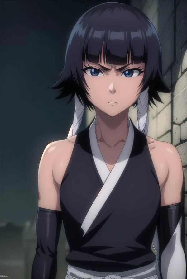 soifon, <lora:soifon-lora-nochekaiser:1>,
soifon, short hair, bangs, black hair, short hair with long locks, (black eyes:1.6), (small breasts:1.2),
BREAK gloves, japanese clothes, elbow gloves, hakama, black hakama, (haori:1.5), black kimono, long sleeves, wide sleeves, black sleeves,
BREAK outdoors,
BREAK looking at viewer, (cowboy shot:1.5),
BREAK <lyco:GoodHands-beta2:1>, (masterpiece:1.2), best quality, high resolution, unity 8k wallpaper, (illustration:0.8), (beautiful detailed eyes:1.6), extremely detailed face, perfect lighting, extremely detailed CG, (perfect hands, perfect anatomy),