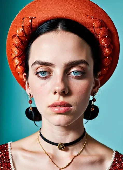 close up portrait of sks woman , by Flora Borsi, style by Flora Borsi, bold, bright colours, ((Flora Borsi)), by Tim Walker, <lora:lora-small-billie-eilish-v1:1>