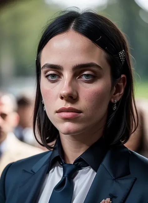 A stunning intricate color close up portrait of (sks woman:1) , wearing Suit and tie, epic character composition, sharp focus, natural lighting, subsurface scattering, f2, 35mm, film grain, , by Gregory Crewdson, <lora:lora-small-billie-eilish-v1:1>
