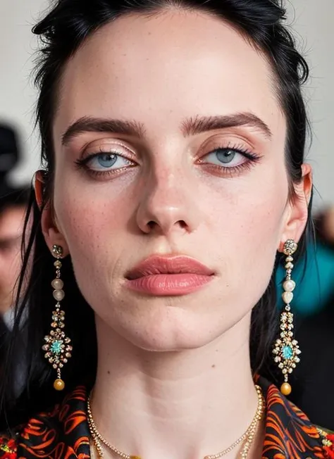 close up portrait of sks woman , by Flora Borsi, style by Flora Borsi, bold, bright colours, ((Flora Borsi)), by Peter Lindbergh, <lora:lora-small-billie-eilish-v1:1>