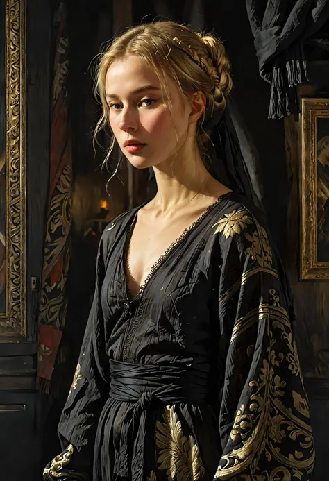(Soft Lighting Photography by Mimoza Veliu and Mario Giacomelli:1.2), NSFW, Ancient russia costume, beautiful girl, side soft light, Dark environment, black over black, highly detailed, masterful painting in the style of Anders Zorn and Aleksi Briclot, oil on canvas, nipples