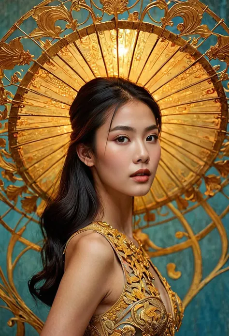 (Soft Lighting Photography by Mimoza Veliu and Mario Giacomelli:1.2), NSFW, romanticism art by Jean-Leon Gerome and Conrad Roset, Painting, singularity ocean in the depth-spanning evocative form of this pullarist and whimsical creation: one beautiful Thai Royal female with an intelligent figure who radiates passion and intelligence. She wearstrupted into her impressionist physique to decipher what she wants out. She moves confidently across all shapes and sizes crafted from high fiber, carrying through a swirly energy network in which they are filled with complex parts, It is both terrifying for viewers and captivating melancholic, luxurious sharp focus, intense, dynamic cinematic color, intricate detail, best, located artistic, Fashion and art, elegant and sophisticated, innovative use of light and shadow, capturing the glamour of mid-20th century fashion, Art Nouveau, decorative, allegorical, symbolic, sexy, Ancient Thai elements, traditional Thai, gold,<lora:TWbabeXL01:0.4>