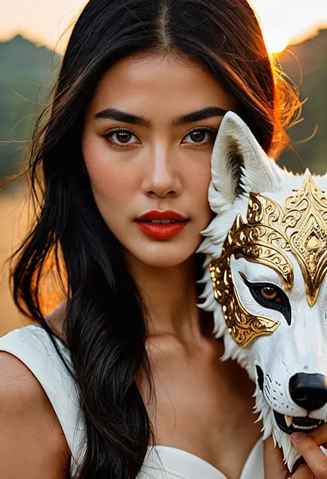 (Soft Lighting Photography by Mimoza Veliu and Mario Giacomelli:1.2), NSFW, 
With main theme color of ember, white and black, a photo portrait depicts a Thailand princess in holding a white wolf mask which covering half of her face, sexy, Thai elements, gold,<lora:TWbabeXL01:0.4>
