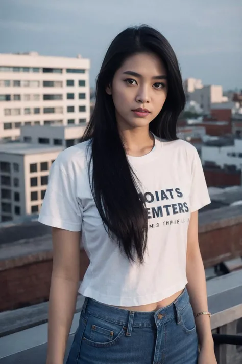 Thai Woman, look at viewer, long hair, T-Shirt , jeans, (town rooftop), film grain, rim light
