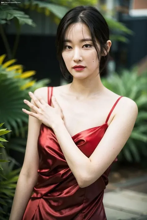 NSFW, ((highest quality)), ((8K)), ((masterpiece:1.3)), ((become familiar with)), ((japanese woman)), (calm indoor lighting), (Women have soft parts., (restaurant), ((having meal)), table top, The tail has very luxurious food, (Viewed diagonally from the front), (46 years old), smile wrinkles on face, wrinkles around the eyes, double eyelid, Tear bags under the eyes, long hair, ponytail, (loose upper body dress), (halter neck), (long dress with tight lower body), (red dress), small breasts, small breasts, (Chest seen from the side), seat, focus on upper body,