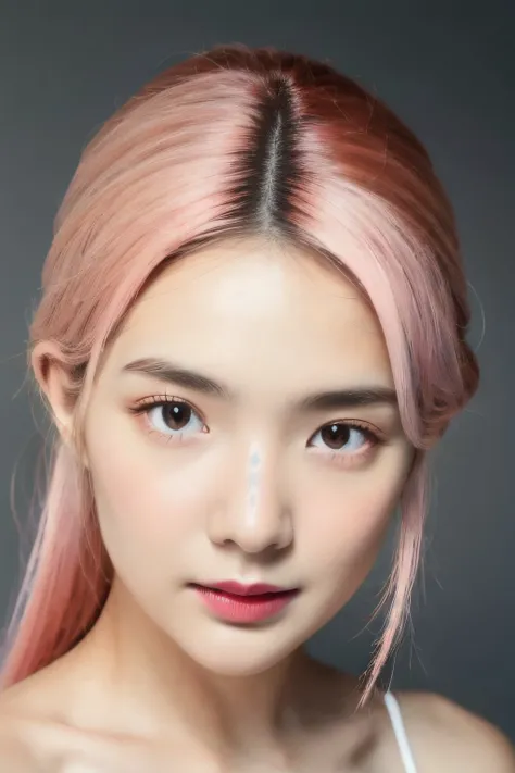 (ultra realistic,32k, masterpiece:1.2),(high detailed skin:1.1),( high quality:1.1),<lora:bcBeerV1.1-000011:0.6>, ponytail hair,((pink hair)),1girl, seductive eyes, ((black eyes)),(close-up,face_focus:1.4), <lora:rc_20231230194652:0.5>rc,off shoulder,Generic viridian dress, <lora:add_detail:0.85>,huge breast, (isolated on dark-grey background:1.2), (soft lighting:1.2), best quality, ultra high res, (photorealistic:1.4), masterpiece, real life skin, hyper real, detailed beautiful eyes and detailed face, ((looking at viewer, standing, from above:1.1)),(iridescence:1.1)