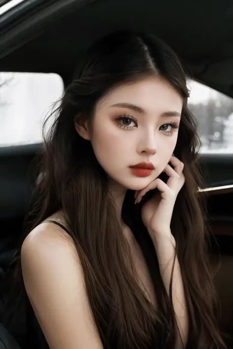 a fashion portrait of a beautiful female model wearing haute couture of Golden Brown, photo by alfred stieglitz, professional medium format film, sharp focus, winter, midday, car interior, fantastic scenery, window, (upper body:1.4), heavy makeup, <lora:ll.lu1s:0.8>