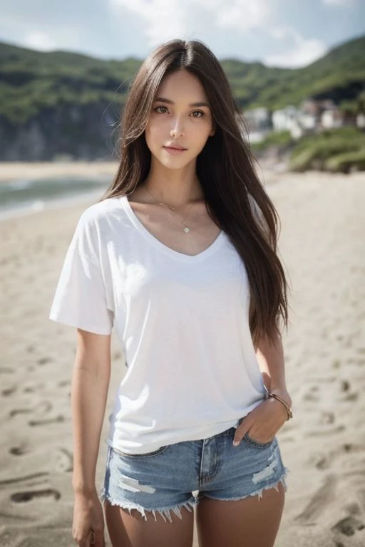 1 girl, full body, action shot, dynamic pose, wearing a plain white shirt and red mini shorts, at the beach, Cute Loose long hairs, toned body, symmetrical eyes, beautifully detailed face, beautiful detailed eyes, (the beach detailed background, masterpiece, realistic, photo-realistic, ultra-detailed, perfect detail, dramatic lighting, hyperrealism, photorealistic, cinematic, 8k, unreal engine, film grain. (
