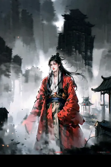 1boy, Asian, 23 y.o., handsome, hanfu, long black hairs, traditional Chinese costume, (half body), dutch shot, elaborate costumes, abstraction-creation, extremely detail, masterpiece, best quality, argyle, argyle background, fantasy, sword, thunder and lightning, dynamic shot, ru_qun, <lora:Elegant hanfu ruqun style:0.9>, <lora:add_detail:1>, <lora:Handsome Thai Men:0.8>, <lora:InkIsEverythingV1:0.8>,