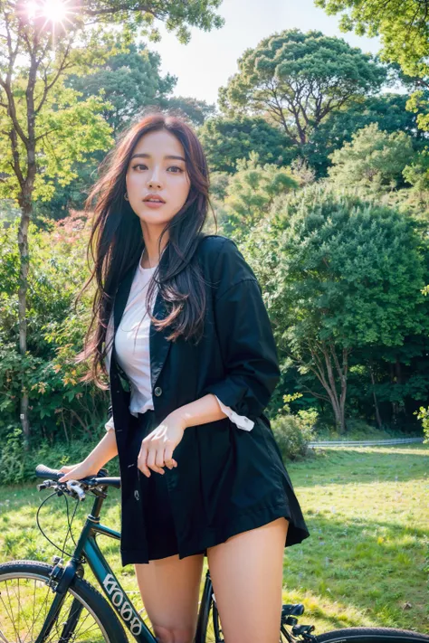 1girl,Aesthetic feeling,(Master Photography:1.3),(Official Photography,unity 8k wallpaper, ultra detailed, beautiful and aesthetic, masterpiece, best quality,raw photo, photo-realistic:1.4 ),Plump,late autumn,I feel the breeze,Riding a bicycle,(beauty:1.3),big tree,mountain forest,A trail of sunshine, <lyco:InsPX:0.2>