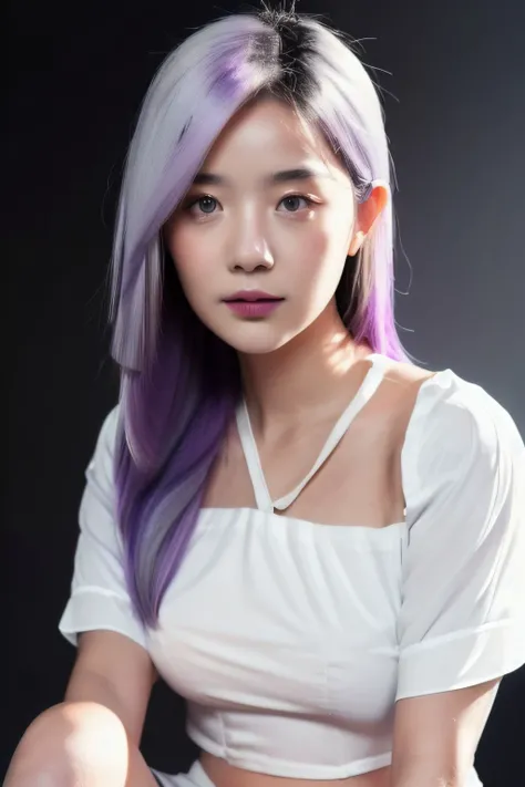 <lora:bcBeerV1.1-000011:0.6>, ponytail hair,((light purple hair)),1girl, seductive eyes, ((black eyes)),huge filesize,(close-up,face_focus:1.4), (((white blouse:1.5),(white short skirt:1.2))),((side_slit)), (isolated on dark-grey background:1.2), (soft lighting:1.2), best quality, ultra high res, (photorealistic:1.4), masterpiece, real life skin, hyper real, detailed beautiful eyes and detailed face, ((sitting))