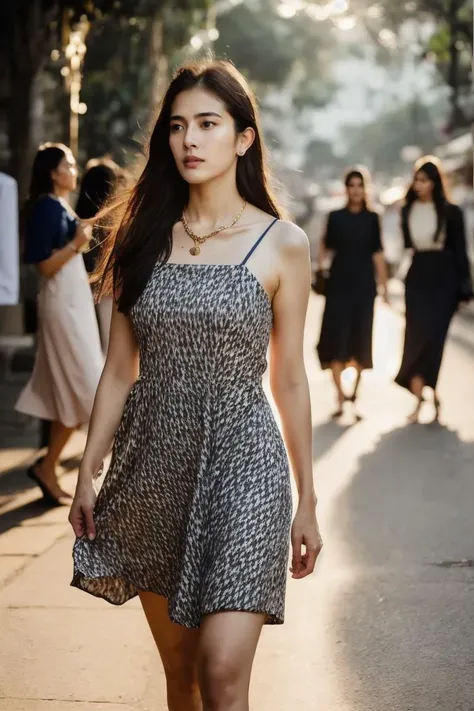 Wes Anderson Style,realistic_photo_shoot,far_establishing_shot:1.4,full_body:1.4,nice_legs_and_feet,detailed face:1.3,detailed skin:1.3,long floating hair,necklace,brown skin,20 years old (Thailand_woman:1.4),165 cm. height,beautiful,High cheek bones,deep eye sockets,square face,(Gothic dress):1.4,white night gown,relaxing,walking,dynamic pose,light on face,soft light,rim light,strong background light,golden hour,