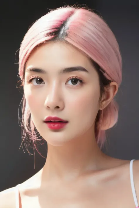 (ultra realistic,32k, masterpiece:1.2),(high detailed skin:1.1),( high quality:1.1),<lora:bcBeerV1.1-000011:0.6>, ponytail hair,((pink hair)),1girl, seductive eyes, ((black eyes)),(close-up,face_focus:1.4), <lora:rc_20231230194652:0.5>rc,off shoulder,Generic viridian dress, <lora:add_detail:0.85>,huge breast, (isolated on dark-grey background:1.2), (soft lighting:1.2), best quality, ultra high res, (photorealistic:1.4), masterpiece, real life skin, hyper real, detailed beautiful eyes and detailed face, ((looking at viewer, standing, from above:1.1)),(iridescence:1.1)