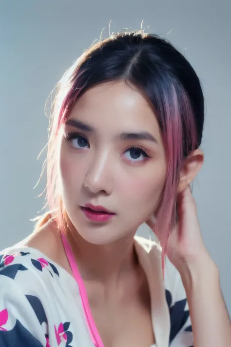 <lora:bcBeerV1.1-000011:0.6>, ponytail hair,((pink_dark blue hair)),1girl, seductive eyes,huge filesize,upper_body,(close-up,face_focus:1.4), (white blouse:1.5),(white flower print short skirt:1.2), (isolated on dark-grey background:1.2), (soft lighting:1.2), best quality, ultra high res, (photorealistic:1.4), masterpiece, real life skin, hyper real, detailed beautiful eyes and detailed face, ((sitting))
