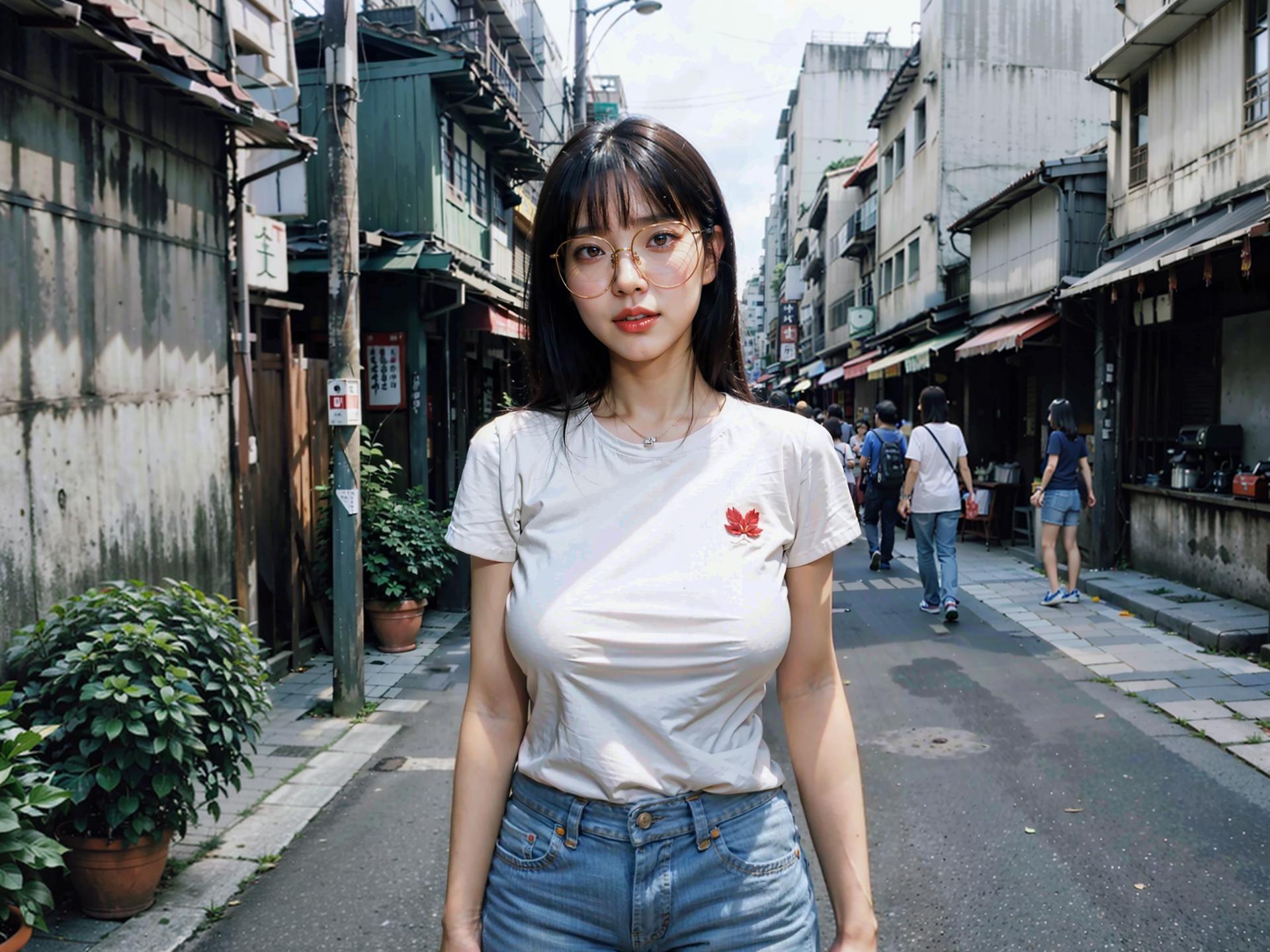 There is a woman standing in the middle of a street - SeaArt AI