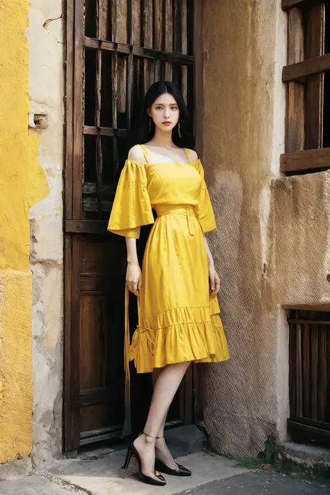 a fashion portrait of a beautiful female model wearing haute couture of Taxi Cab Yellow, photo by richard avedon, professional medium format film, sharp focus, summer, midday, fantastic scenery, outdoors, medieval village, (full body:1.4), <lora:kimgapju:0.8>