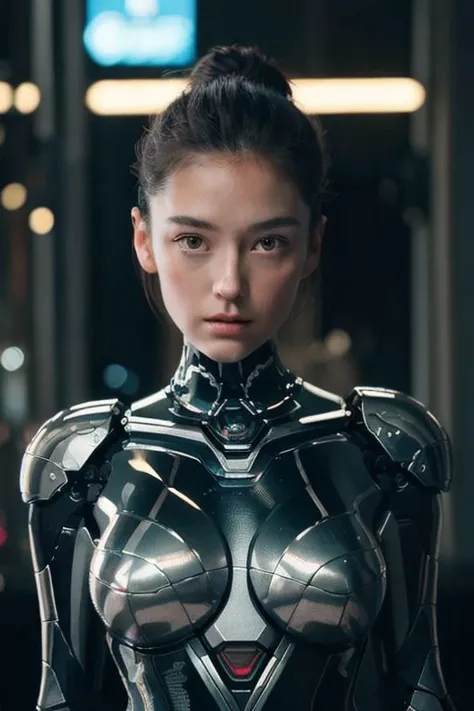 Beautiful 1 girl, huge breasts, full body, solo, Biomechanics android girl, shoulders robot joints, neck robot joints, face robot joints, bare shoulders, Biomechanics style,futurism, looking at viewer, street in dark city detailed background, dramatic lighting, hyperrealism, photorealistic, cinematic, 8k, unreal engine, best quality, masterpiece, realistic, photo-realistic, ultra-detailed, perfect detail, digital art, film grain.