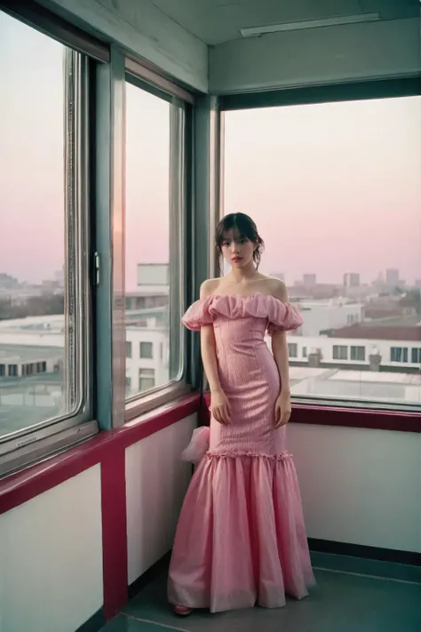 a fashion portrait of a beautiful female model wearing haute couture of Cotton Candy Pink, photo by nan goldin, professional medium format film, sharp focus, spring, dusk, classroom[::2], fantastic scenery, window, (full body:1.4), <lora:soseo0404:0.8>