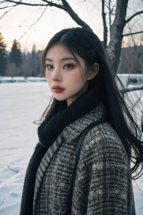 a fashion portrait of a beautiful female model wearing haute couture of Heather Gray, photo by walker evans, professional medium format film, sharp focus, winter, morning, fantastic scenery, outdoors, landscape with intensity[::1], (upper body:1.4), heavy makeup, <lora:ll.lu1s:0.8>