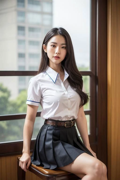 (photorealistic:1.4),Best quality, masterpiece, ultra high res, raw photo,rim lighting,(cowboy shot),livingroom,movie poster,
1girl,(mathayom uniform),white shirt short sleeves,(black pleated long skirt:1.2),long hair,hair_floating,dramatic scene,sitting on chair
<lora:mathayom22:0.8> <lora:thaiHighSchool_thaiHighSchool:0.6>school uniform, pleated skirt, mathayom uniform, school leather belt, cowboy shot <lora:epi_noiseoffset2 (1):0.8> <lora:shirtliftALORAFor_shirtliftv1:0.9>.shirtlif,OPEN HIRT ,SHOW BREAST,