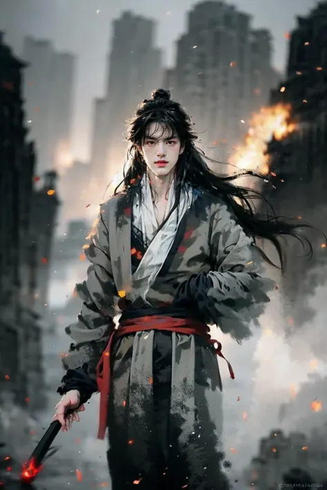 1boy, Asian, 23 y.o., handsome, hanfu, long black hairs, traditional Chinese costume, (half body), dutch shot, elaborate costumes, abstraction-creation, extremely detail, masterpiece, best quality, argyle, argyle background, fantasy, sword, fire, thunder and lightning, battle field background, dynamic shot, ru_qun, <lora:Elegant hanfu ruqun style:0.9>, <lora:add_detail:1>, <lora:Handsome Thai Men:0.8>, <lora:InkIsEverythingV1:0.8>,